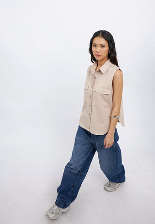 Sleeveless Button Up Shirt with Pocket