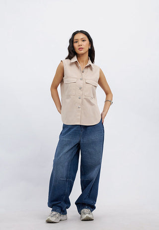 Sleeveless Button Up Shirt with Pocket