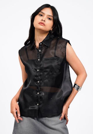 Sleeveless Collared Sheer Shirt