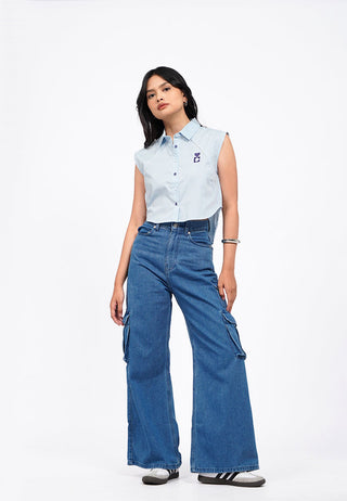 Sleeveless Button Up Crop Shirt