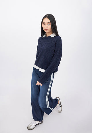 Contrast Collar Cable Sweater