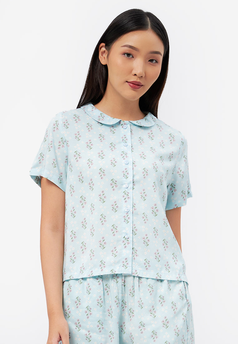 Short Sleeve Printed Pajamas Set Blue