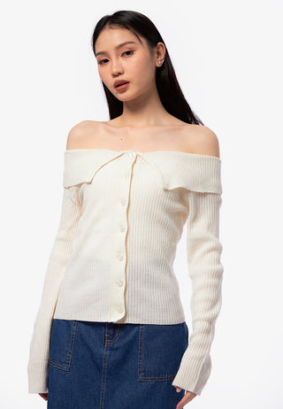 Boat Neck Button Up Long Sleeve Top