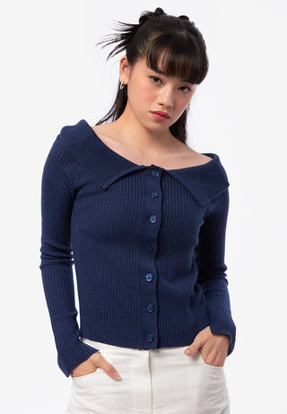 Boat Neck Button Up Long Sleeve Top