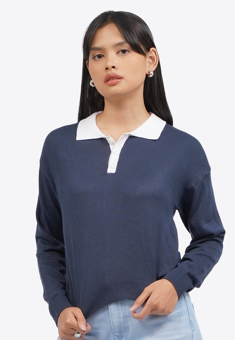 Long Sleeve Polo Knit Top - Main Image