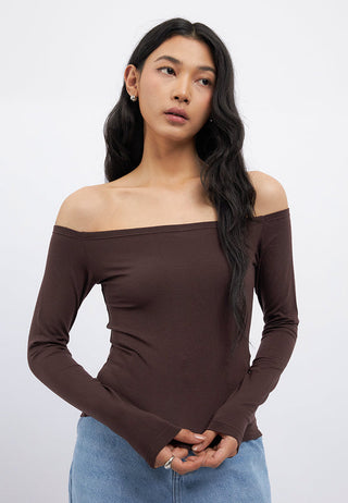 Long Sleeve Off Shoulder Fitted T-Shirt