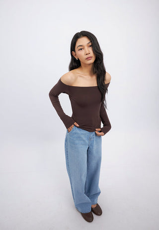 Long Sleeve Off Shoulder Fitted T-Shirt