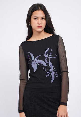 Mesh Boat Neck Floral Top