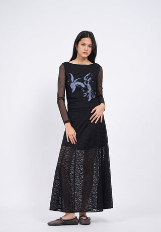 Mesh Boat Neck Floral Top