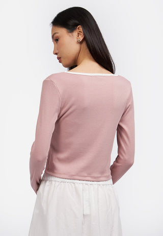 Contast Neck Long Sleeve Top