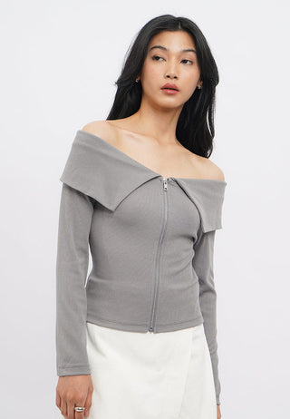 Off Shoulder Long Sleeve Zip Up Top