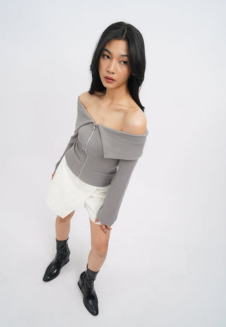 Off Shoulder Long Sleeve Zip Up Top