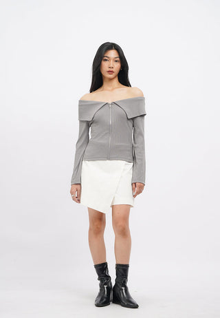Off Shoulder Long Sleeve Zip Up Top