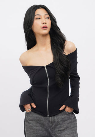 Off Shoulder Long Sleeve Zip Up Top