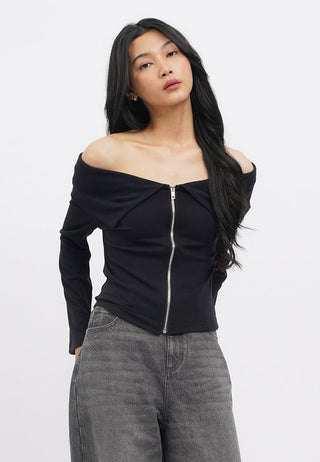Off Shoulder Long Sleeve Zip Up Top