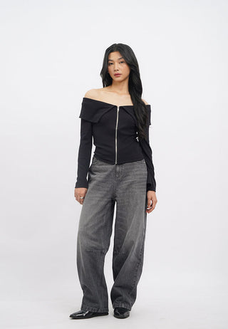 Off Shoulder Long Sleeve Zip Up Top