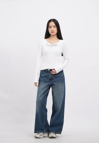 Long Sleeve Textured Henley Top