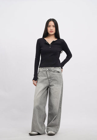 Long Sleeve Textured Henley Top