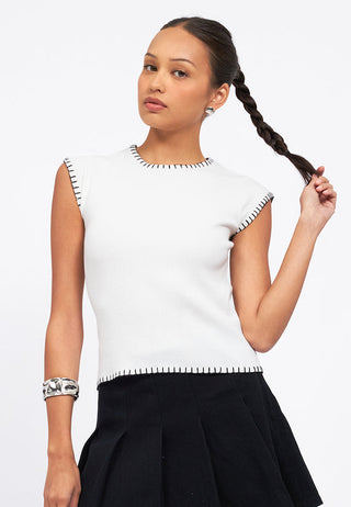Contrast Detail Cap Sleeve Knit Top