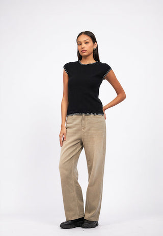 Contrast Detail Cap Sleeve Knit Top