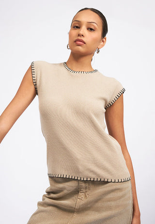 Contrast Detail Cap Sleeve Knit Top