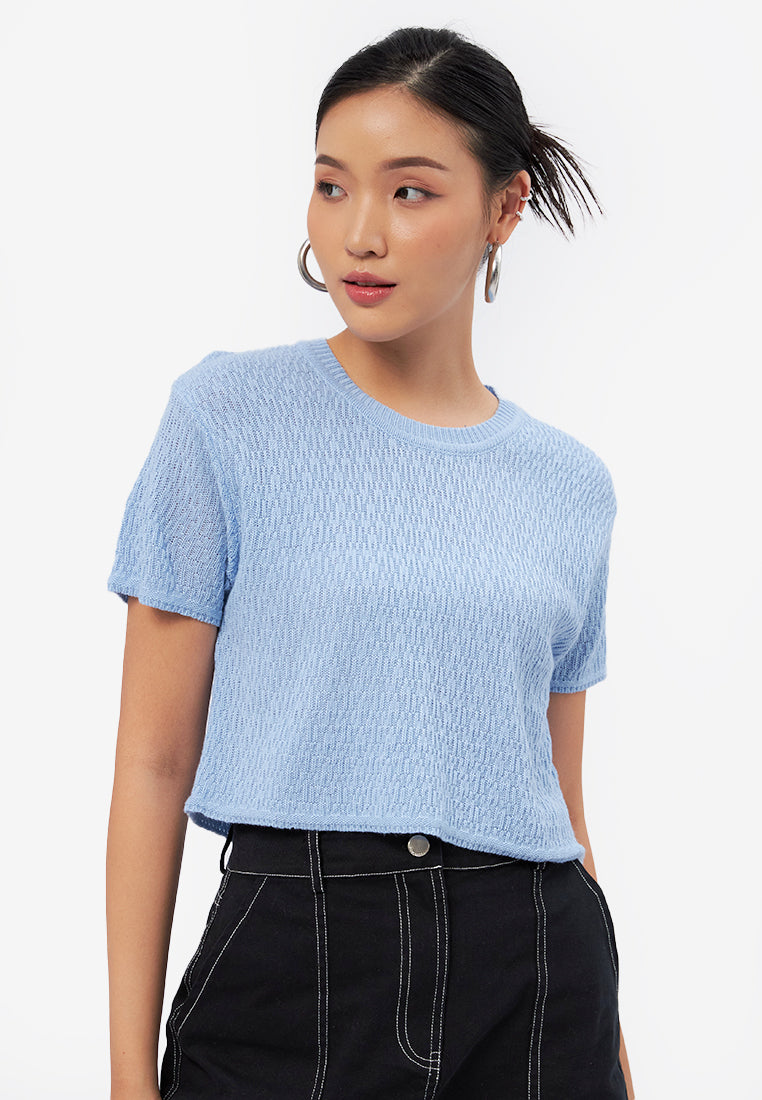 Textured Short Sleeve Knit Top Blue - Main Image