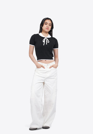 Tied Collar Knit Polo Top