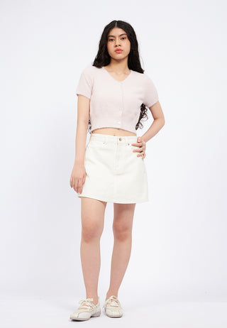 V-Neck Short Sleeve Fur Crop Top