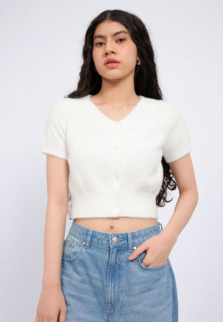 V-Neck Short Sleeve Fur CropTop