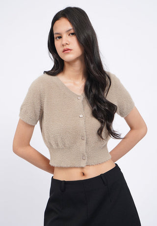 V-Neck Short Sleeve Fur CropTop