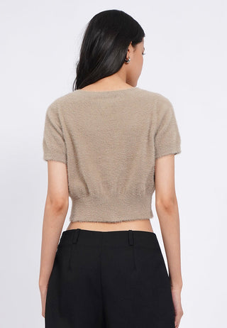 V-Neck Short Sleeve Fur CropTop