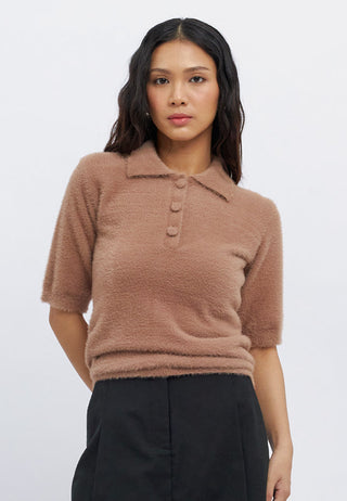 Short Sleeve Half Button Fur Top