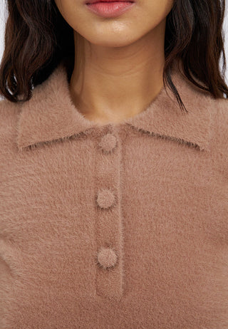 Short Sleeve Half Button Fur Top