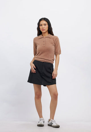 Short Sleeve Half Button Fur Top