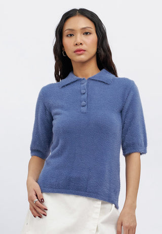 Short Sleeve Half Button Fur Top