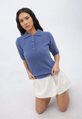 Short Sleeve Half Button Fur Top