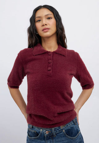 Short Sleeve Half Button Fur Top