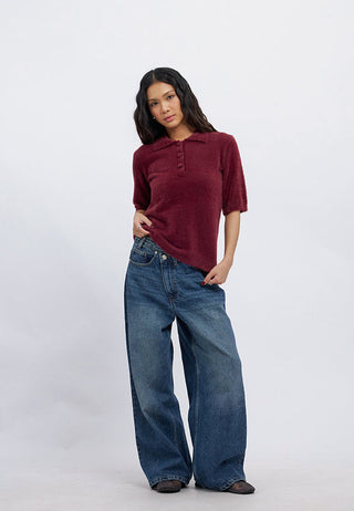 Short Sleeve Half Button Fur Top