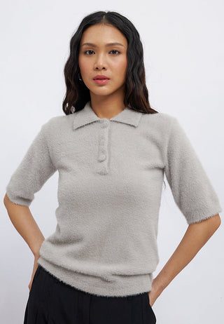 Short Sleeve Half Button Fur Top