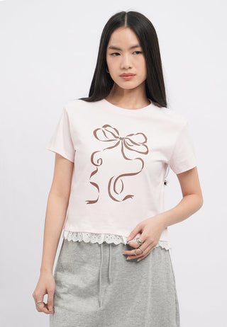 Short Sleeve Lace Trim Graphic T-Shirt