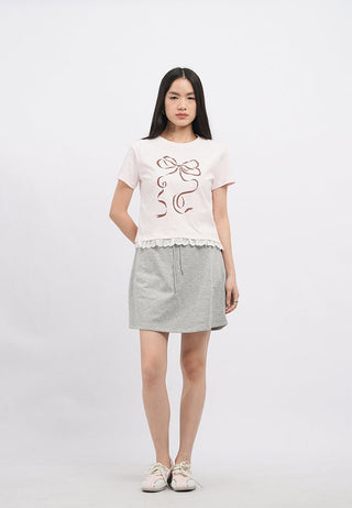 Short Sleeve Lace Trim Graphic T-Shirt