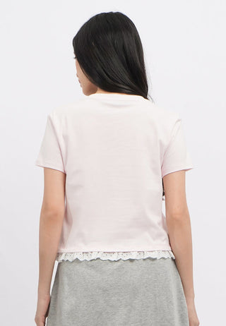 Short Sleeve Lace Trim Graphic T-Shirt