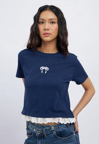 Short Sleeve Lace Trim Graphic T-Shirt