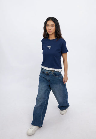 Short Sleeve Lace Trim Graphic T-Shirt