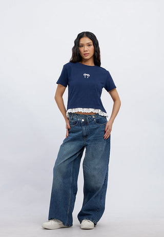 Short Sleeve Lace Trim Graphic T-Shirt