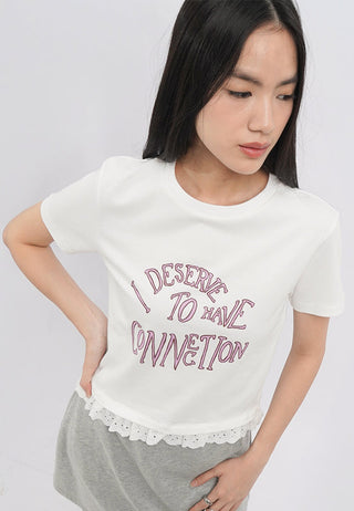 Short Sleeve Lace Trim Graphic T-Shirt