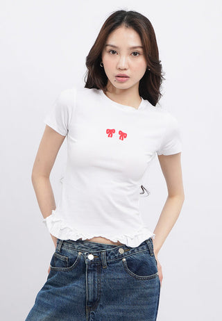 Graphic Crop T-Shirt with Frill Hem Details