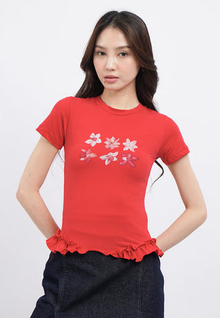 Graphic Crop T-Shirt with Frill Hem Details