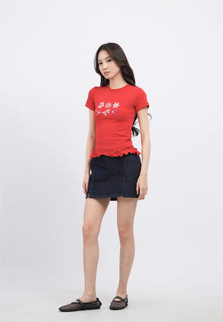 Graphic Crop T-Shirt with Frill Hem Details
