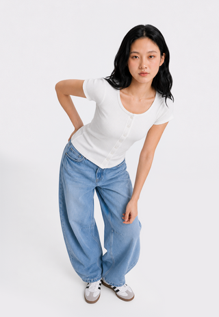 Button Up Short Sleeve Rib Top